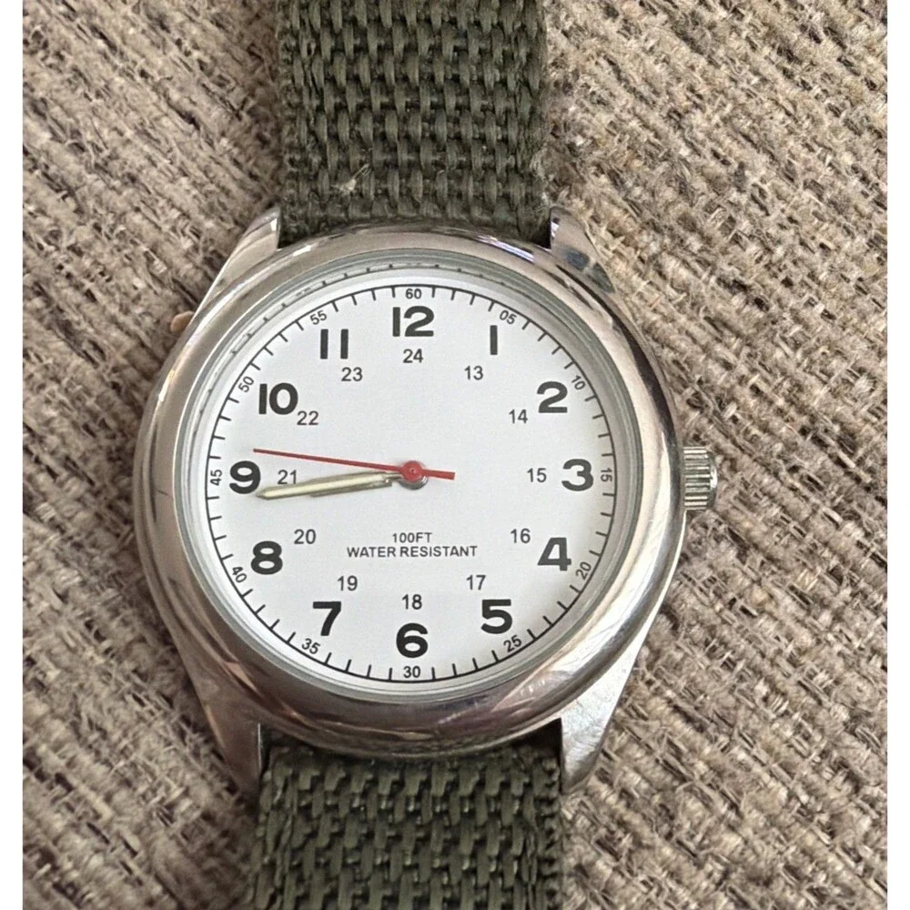 VTG FMD Japan Quartz Watch Men 30m Silver Canvas Military Dial Analog New Batter